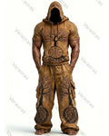 Men's Fashion Viking Contrast Color Embroidered Hoodie & Pants Two-Piece Set 5025
