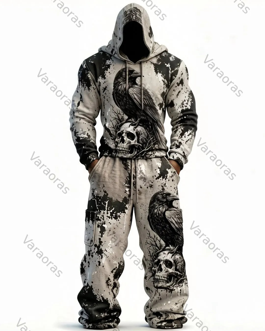 Men's Viking Color-Blocked Raven Embroidered Hoodie and Pants Two-Piece Set 3642