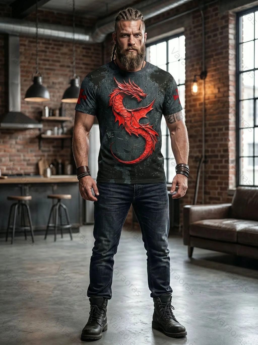 Men's Fashionable Viking Contrast Color Dragon Embroidered T-shirt 9283