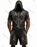 Men's Viking Color-Block Embroidered Hooded Short-Sleeved Top and Shorts Set 5133
