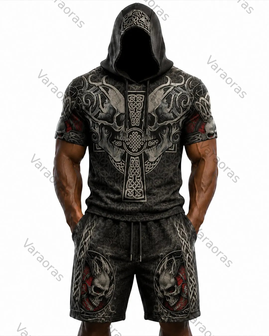 Men's Viking Color-Block Embroidered Hooded Short-Sleeved Top and Shorts Set 5133