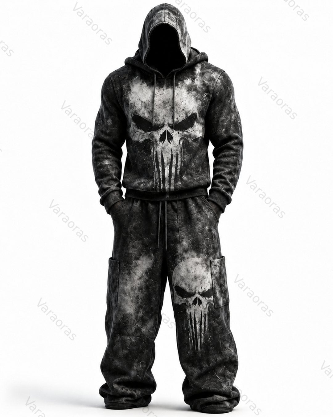 Men's Fashion Skull Contrast Color Embroidered Hoodie & Pants Two-Piece Set 6375