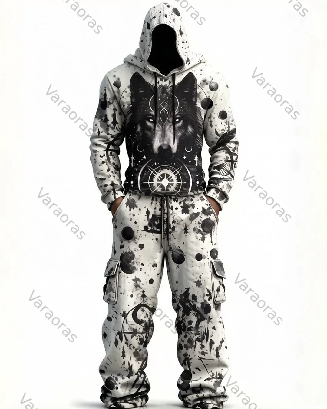 Men's Fashion Viking Contrast Color Embroidered Hoodie & Pants Two-Piece Set 9822