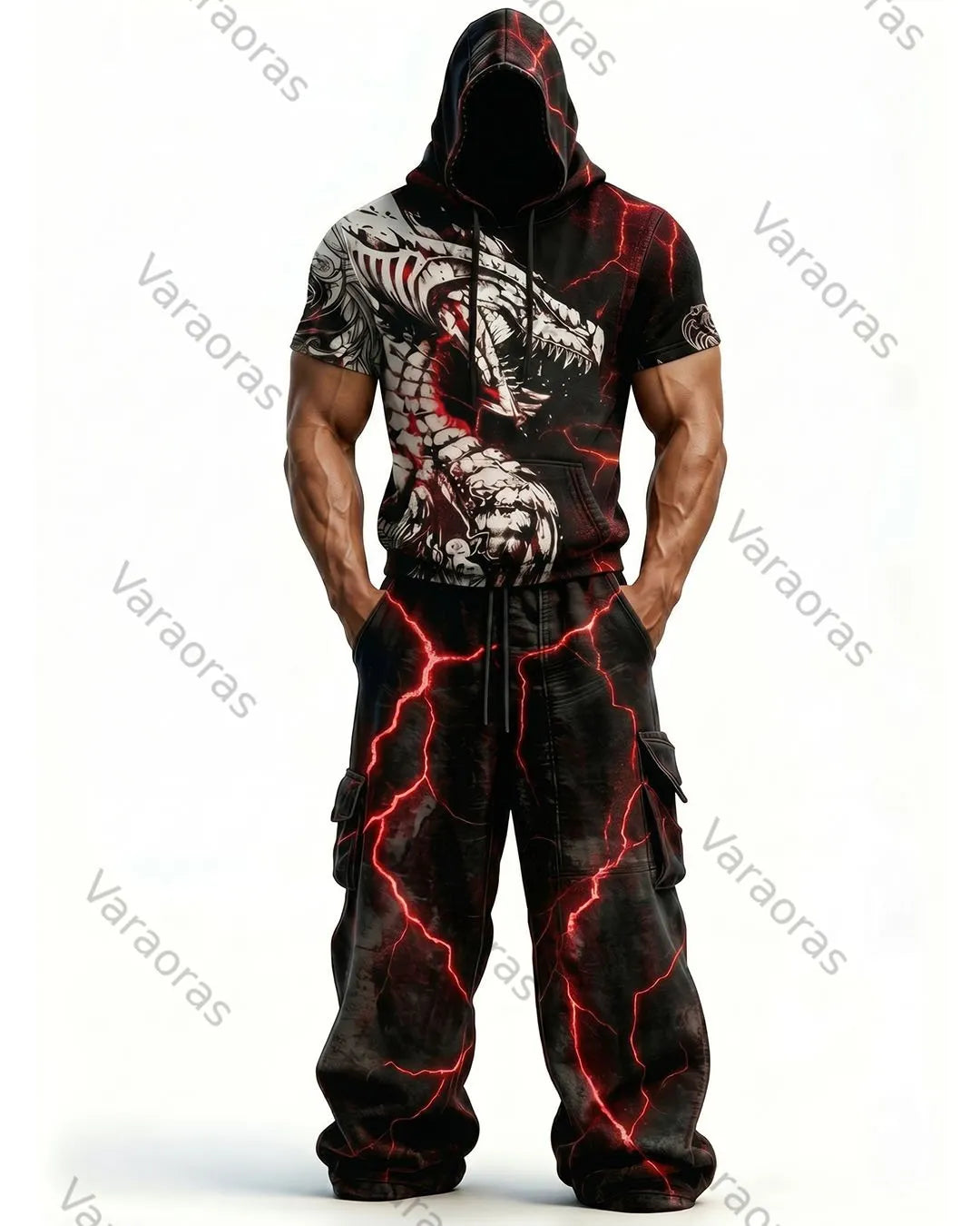 Men's Fashion Viking Contrast Color Embroidered Hoodie & Pants Two-Piece Set 2175