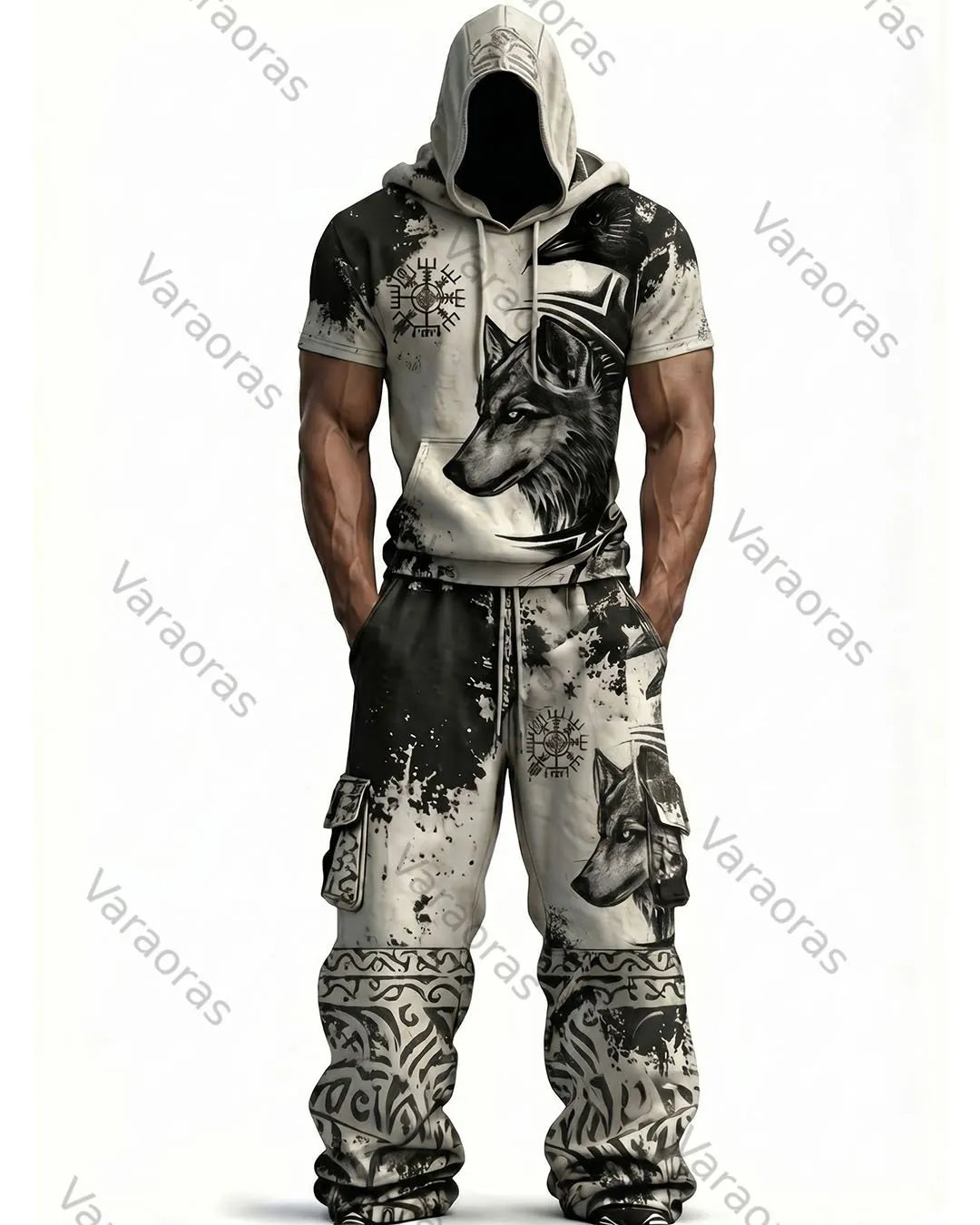 Men's Fashion Viking Contrast Color Embroidered Hoodie & Pants Two-Piece Set 1600