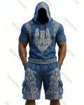 Men's Viking Contrast Color Wolf Embroidered Short-Sleeve Hoodie & Shorts Two-Piece Set 4955