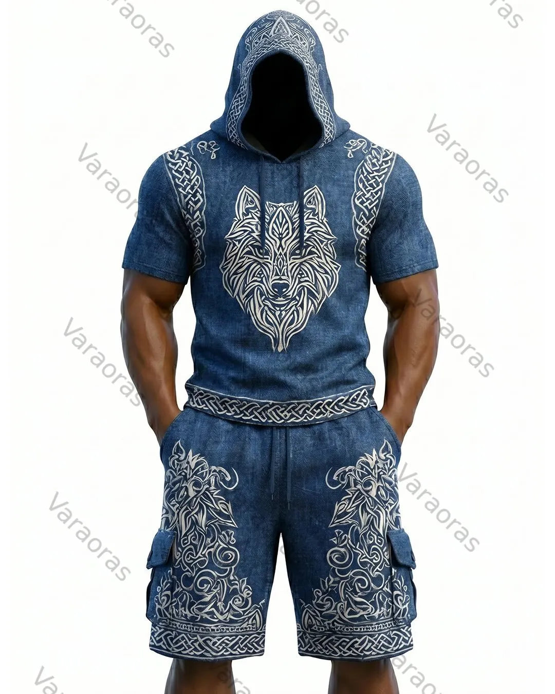 Men's Viking Contrast Color Wolf Embroidered Short-Sleeve Hoodie & Shorts Two-Piece Set 4955