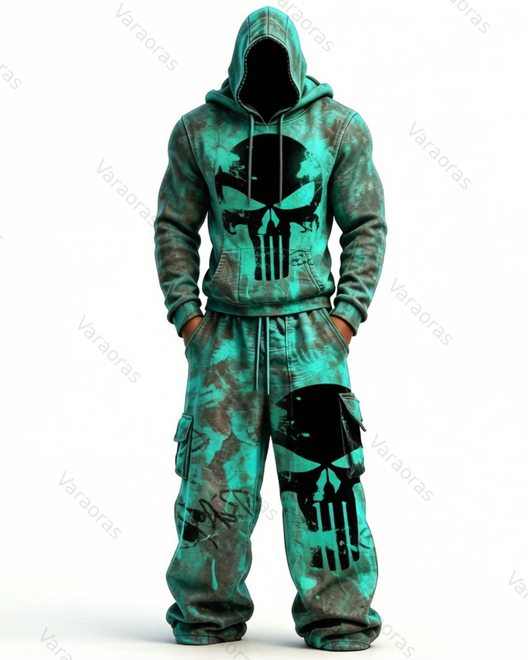Men's Fashion Skull Contrast Color Embroidered Hoodie & Pants Two-Piece Set 1658
