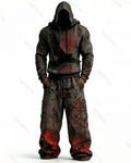 Men's Viking Color-Blocked Raven Embroidered Hoodie and Pants Two-Piece Set 4932