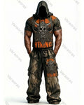 Men's Fashion Viking Contrast Color Embroidered Hoodie & Pants Two-Piece Set 4323