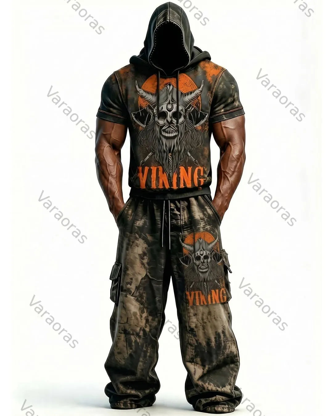 Men's Fashion Viking Contrast Color Embroidered Hoodie & Pants Two-Piece Set 4323