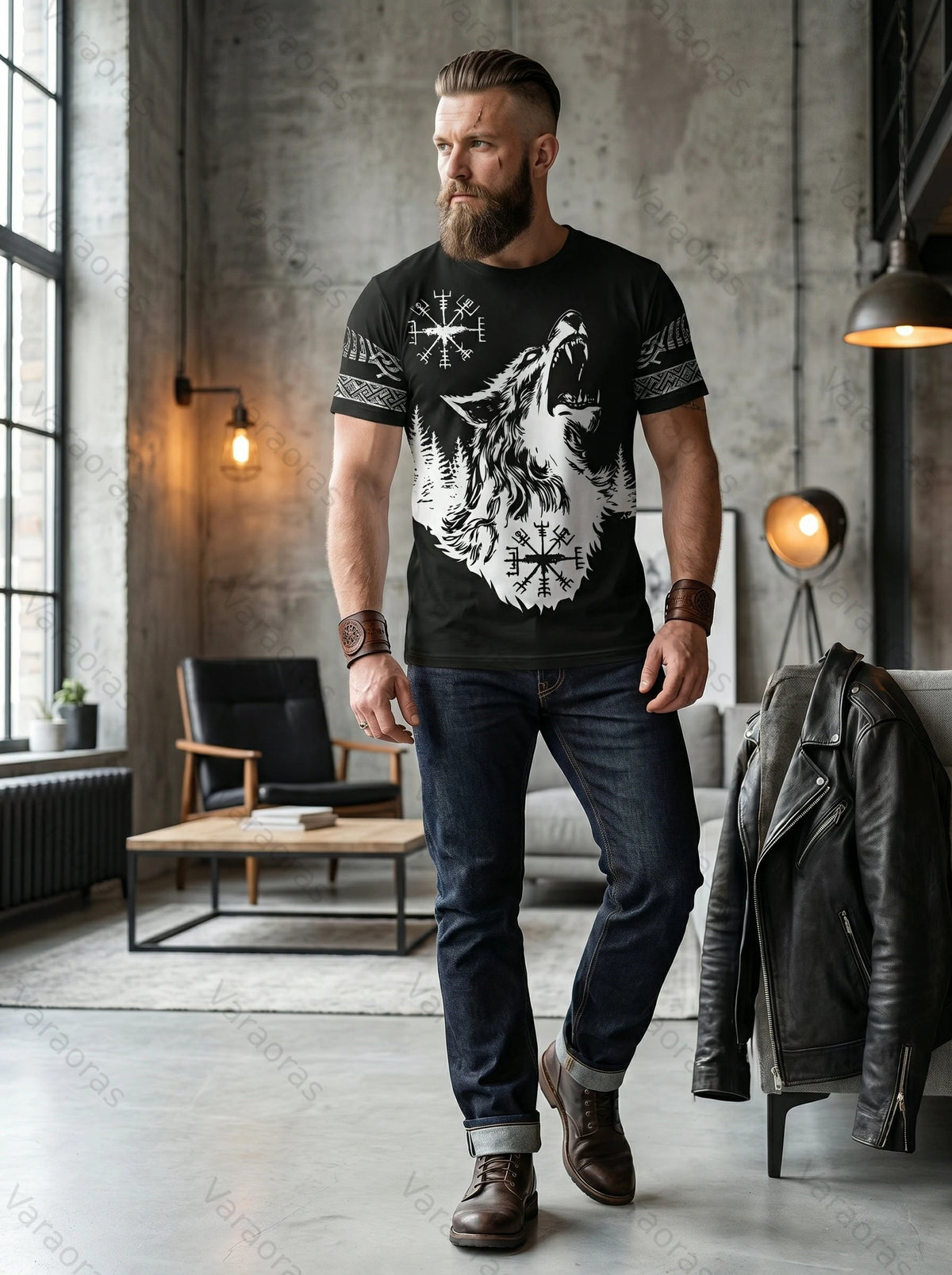 Men's Fashionable Viking Contrast Color Wolf Print T-shirt 8418