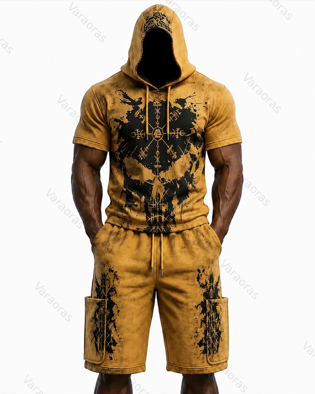 Men's Viking Color-Block Embroidered Hooded Short-Sleeved Top and Shorts Set 6981