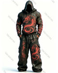 Men's Fashion Contrast Colo Red Dragonr Embroidered Hoodie & Pants Two-Piece Set 7106