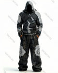 Men's Viking Color-Blocked Raven Embroidered Hoodie and Pants Two-Piece Set 8374