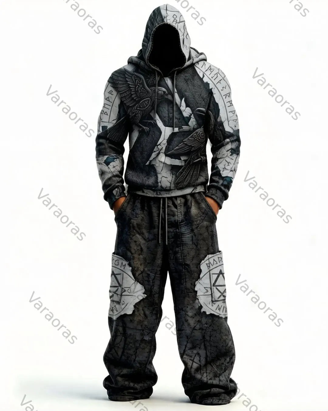 Men's Viking Color-Blocked Raven Embroidered Hoodie and Pants Two-Piece Set 8374