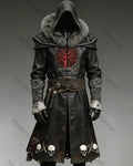 Men's Winter Retro Viking Theme Tree of Life Embroidered Fur Collar Leather Hooded Coat 5464