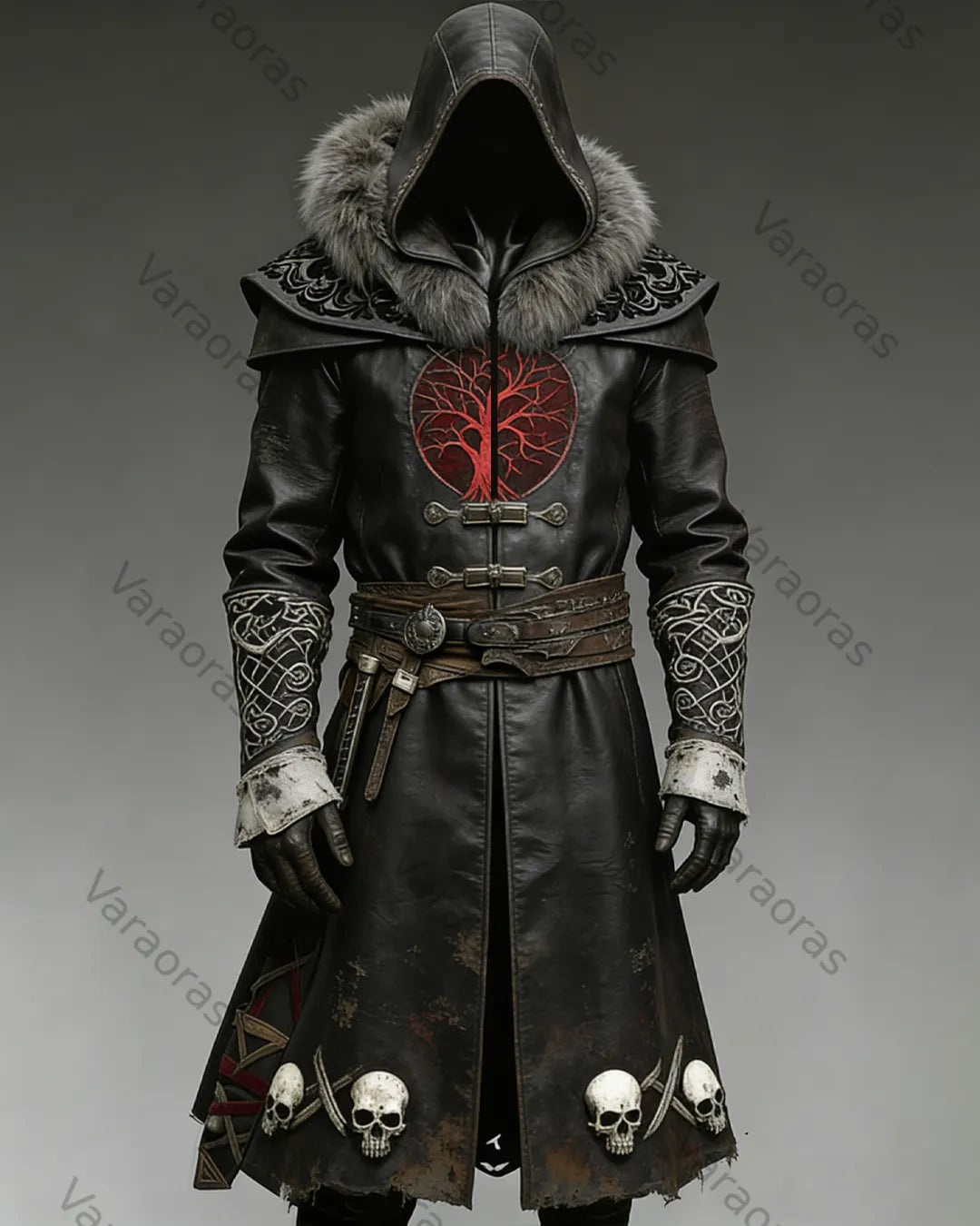 Men's Winter Retro Viking Theme Tree of Life Embroidered Fur Collar Leather Hooded Coat 5464