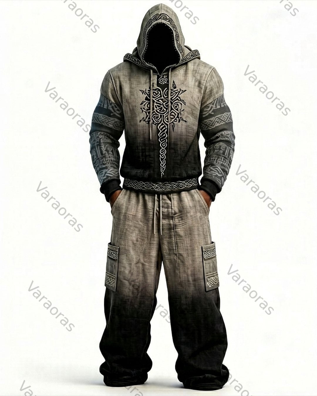 Men's Viking-Style Color-Blocked Knot Embroidered Hoodie and Pants Set 7407
