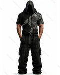 Men's Fashion Viking Contrast Color Embroidered Hoodie & Pants Two-Piece Set 2871