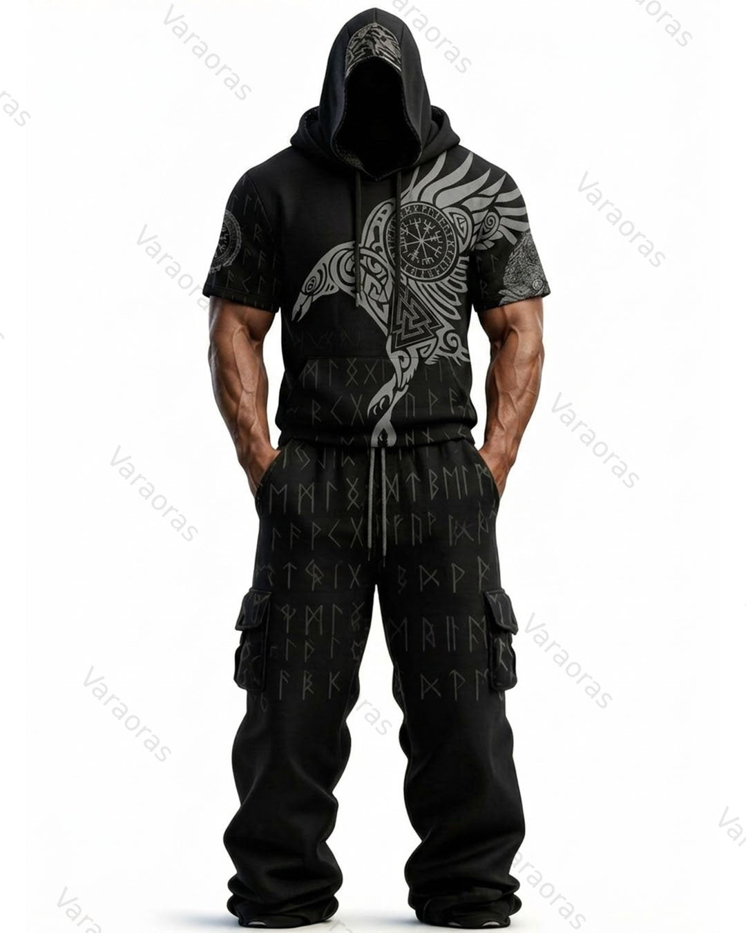Men's Fashion Viking Contrast Color Embroidered Hoodie & Pants Two-Piece Set 2871