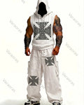 Men's Fashion Cross Embroidered Hooded Sleeveless Top and Pants Two-Piece Set3028