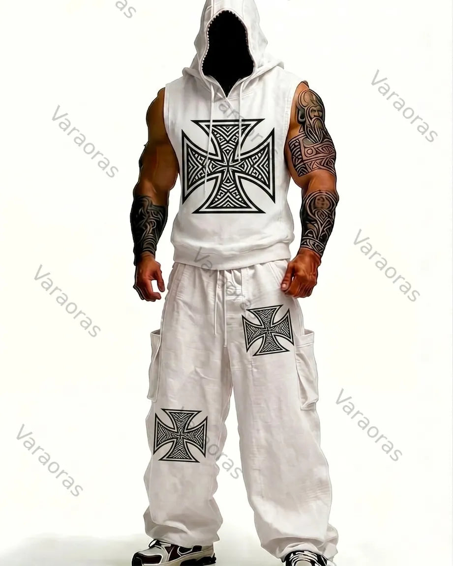 Men's Fashion Cross Embroidered Hooded Sleeveless Top and Pants Two-Piece Set3028