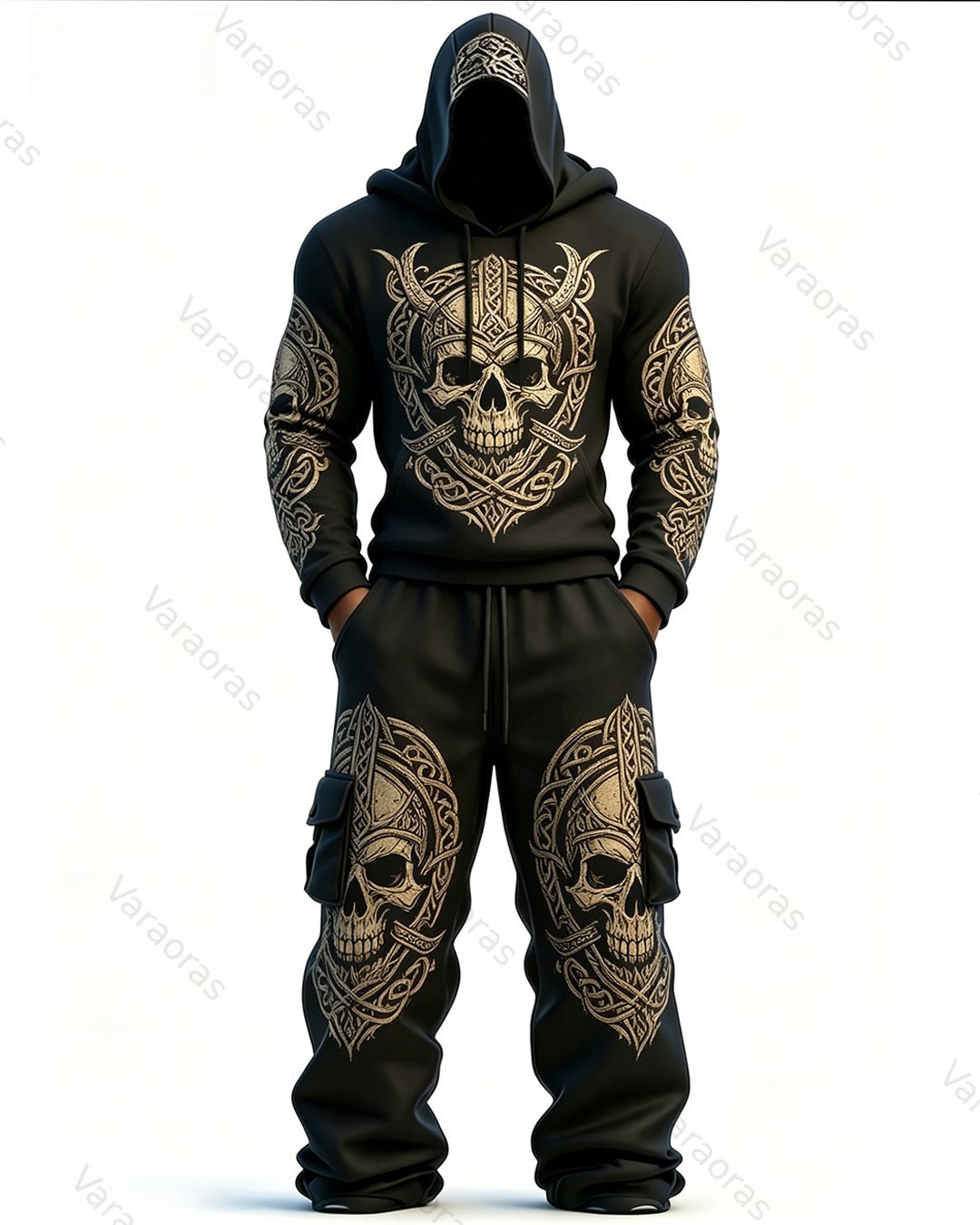 Men's Fashion Viking Contrast Color Skull Embroidered Hoodie & Pants Two-Piece Set 3433