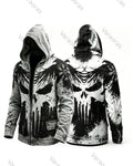 Men's Retro Fashion Skull Print Tie-Dye Cotton Linen Hooded Zip-Up Jacket 5417