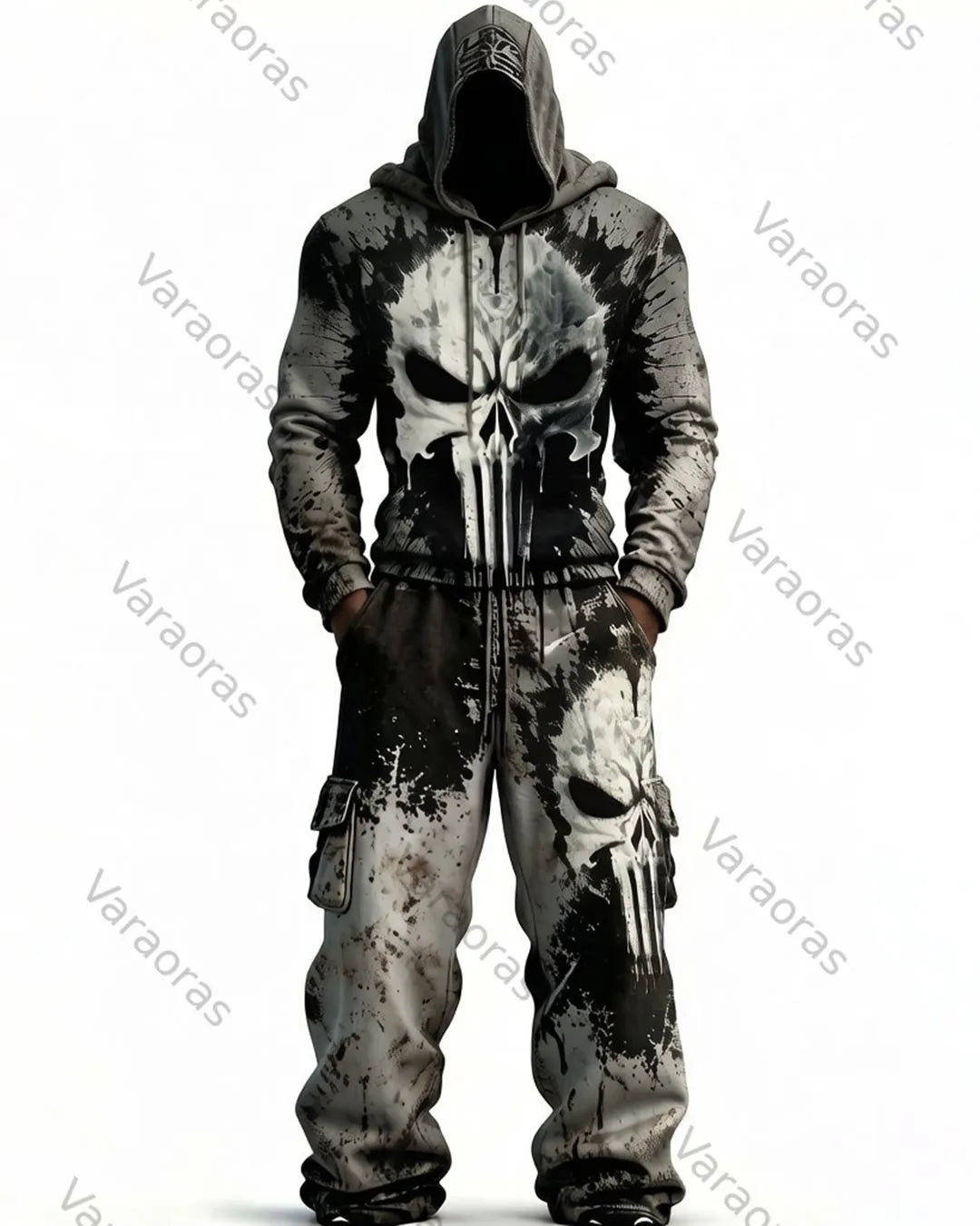 Men's Fashion Skull Contrast Color Embroidered Hoodie & Pants Two-Piece Set 3460