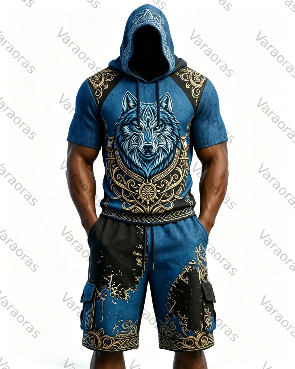 (Short Set) Men's Fashion Viking Contrast Color Wolf Embroidered Hoodie & Pants Two-Piece Set 2222