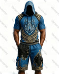 Men's Fashion Viking Contrast Color Wolf Embroidered Hoodie & Pants Two-Piece Set 2222