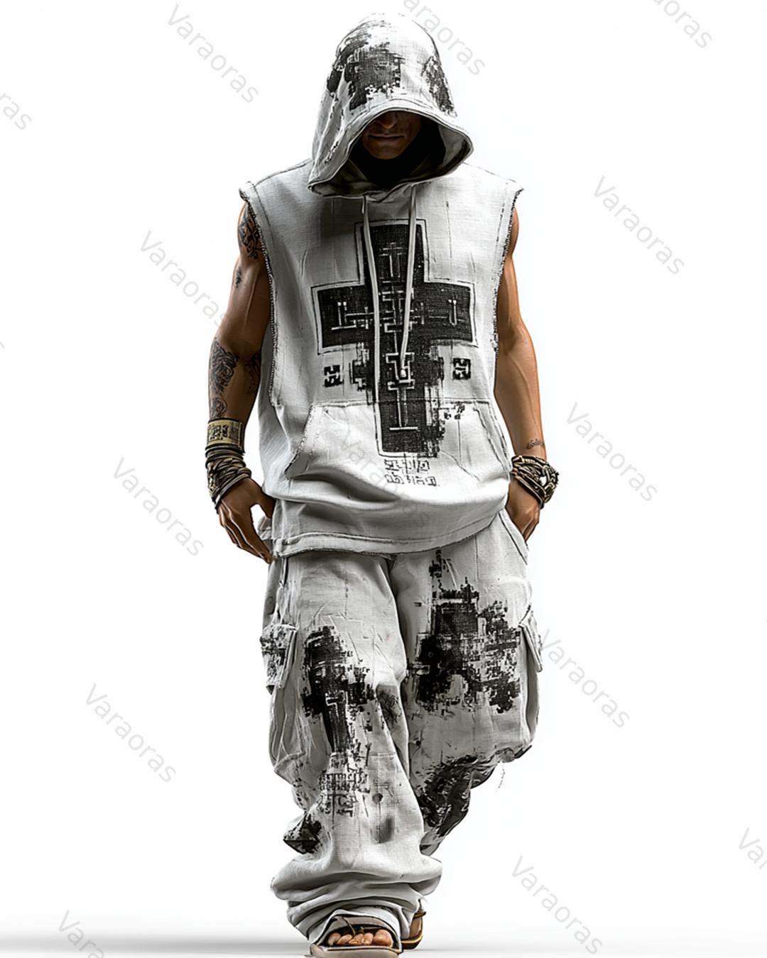 Men's Viking Color-Block Linen Sleeveless Hooded Top and Pants Two-Piece Set 6031