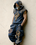 Men's Nordic Viking style cross-adorned short-sleeved shirt and trousers two-piece set 7732