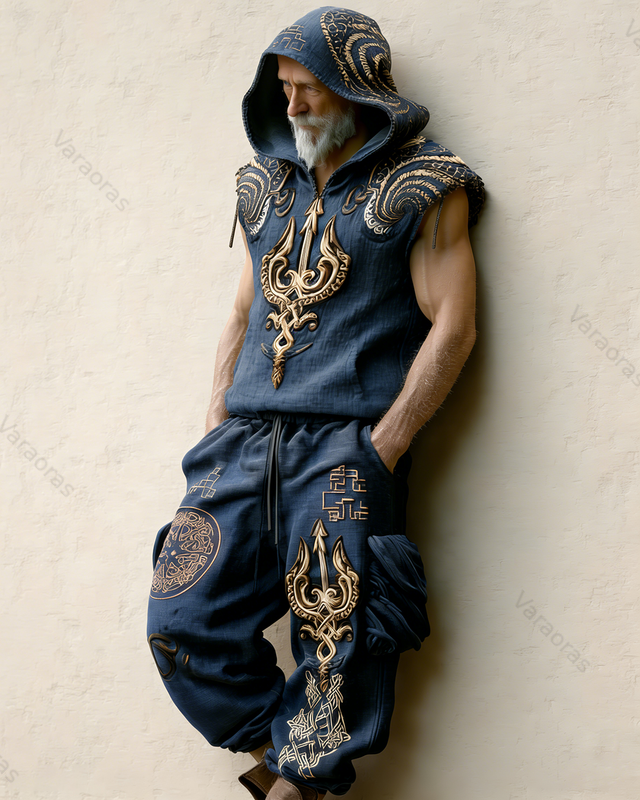 Men's Nordic Viking style cross-adorned short-sleeved shirt and trousers two-piece set 7732