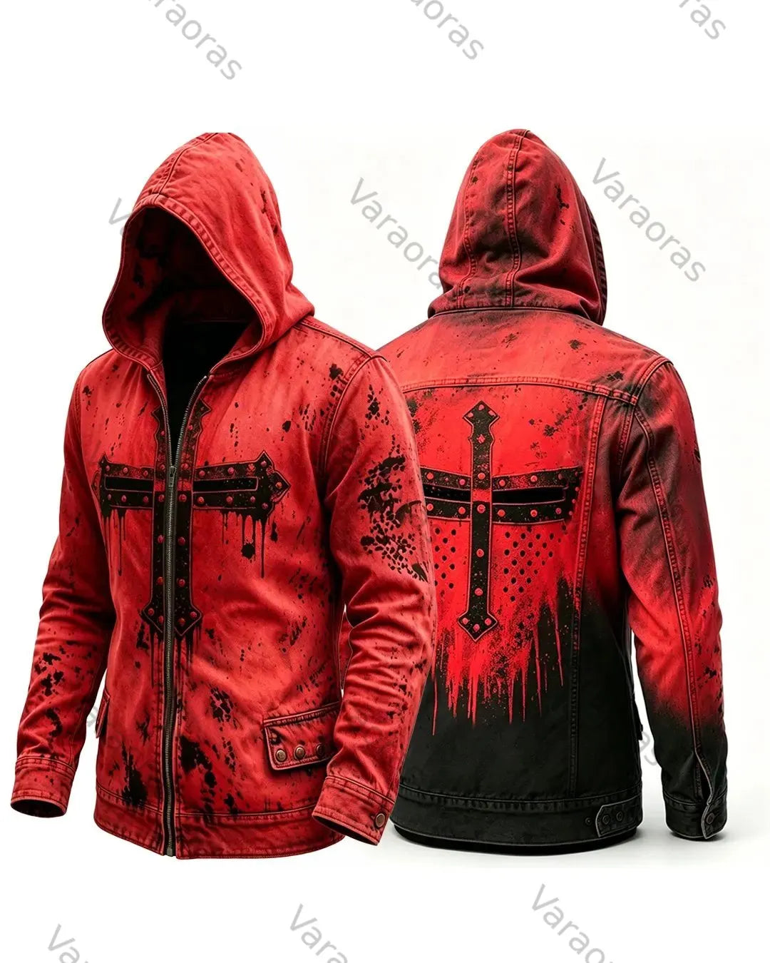 Men's Retro Fashion Red Cross Print Cotton Linen Hooded Zipper Jacket 5139
