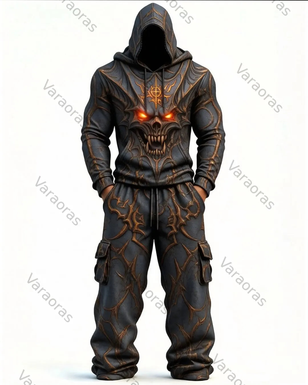 Men's Fashion Viking Dragon Embroidered Hoodie & Pants Two-Piece Set 3646