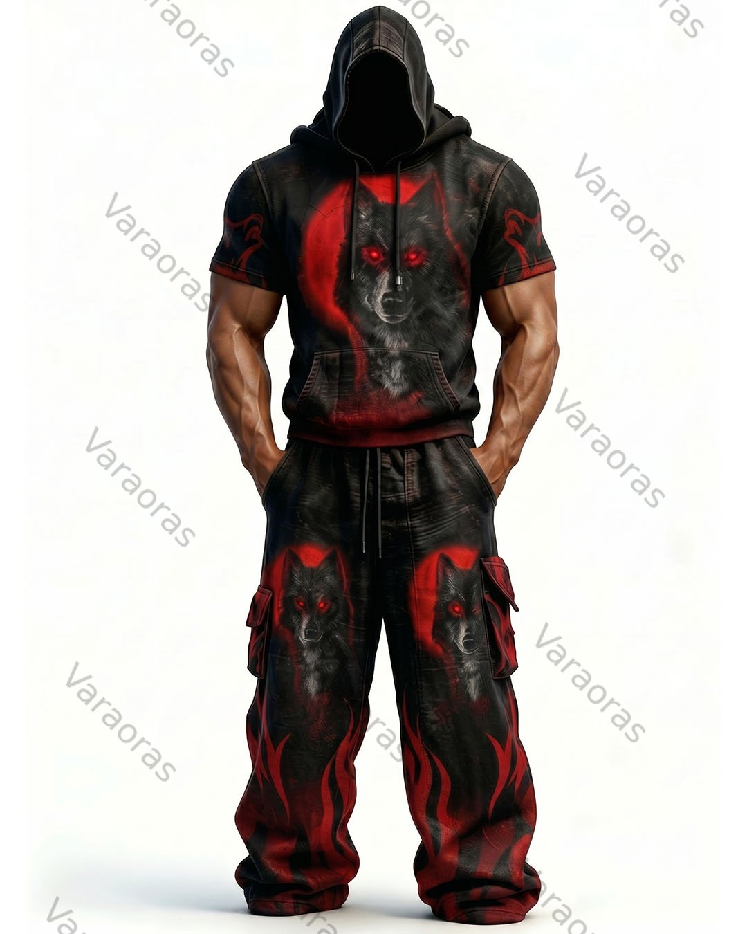 (Short Set) Men's Fashion Viking Contrast Color Embroidered Hoodie & Pants Two-Piece Set 6432