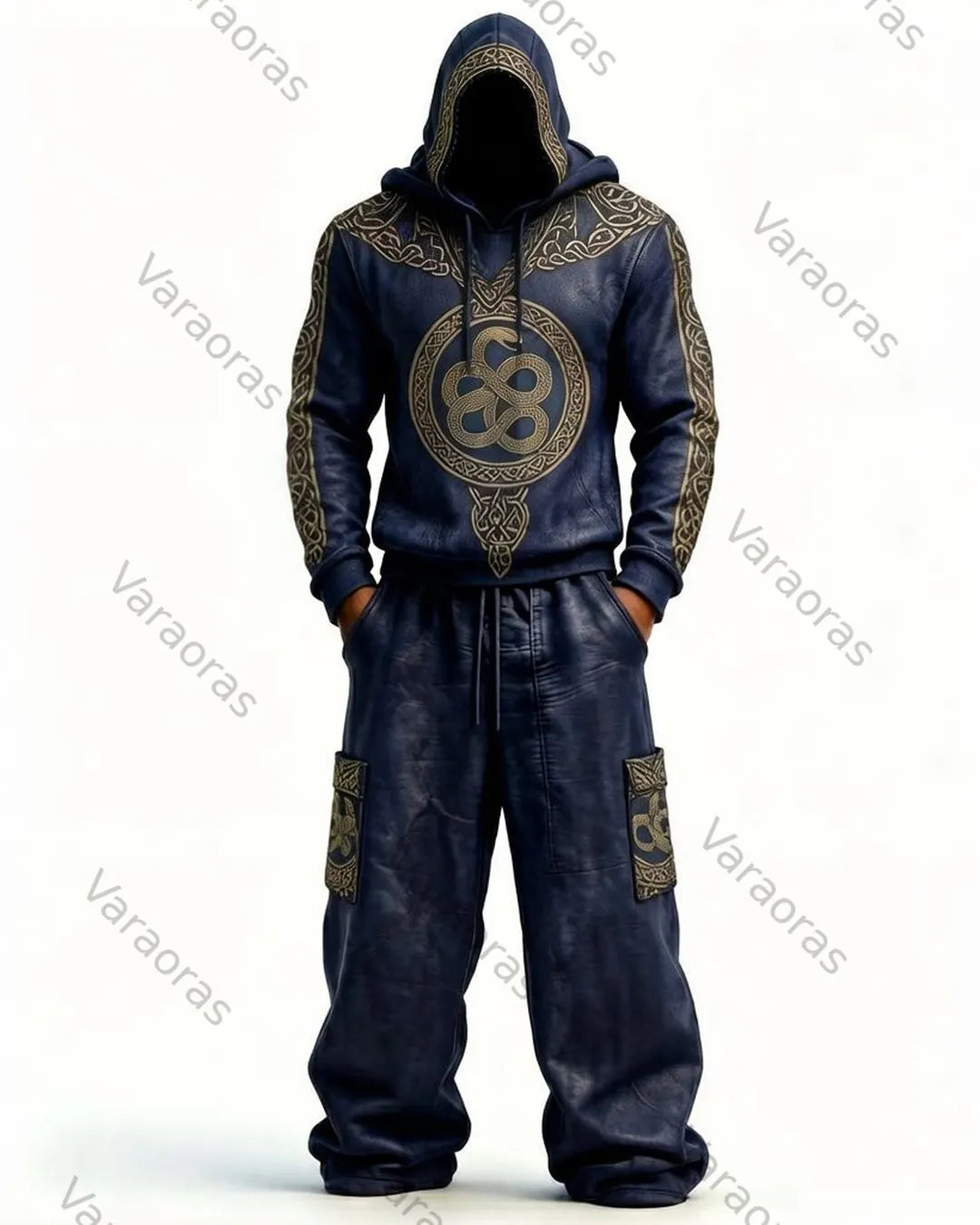 Men's Viking-Style Color-Blocked Knot Embroidered Hoodie and Pants Set 9721