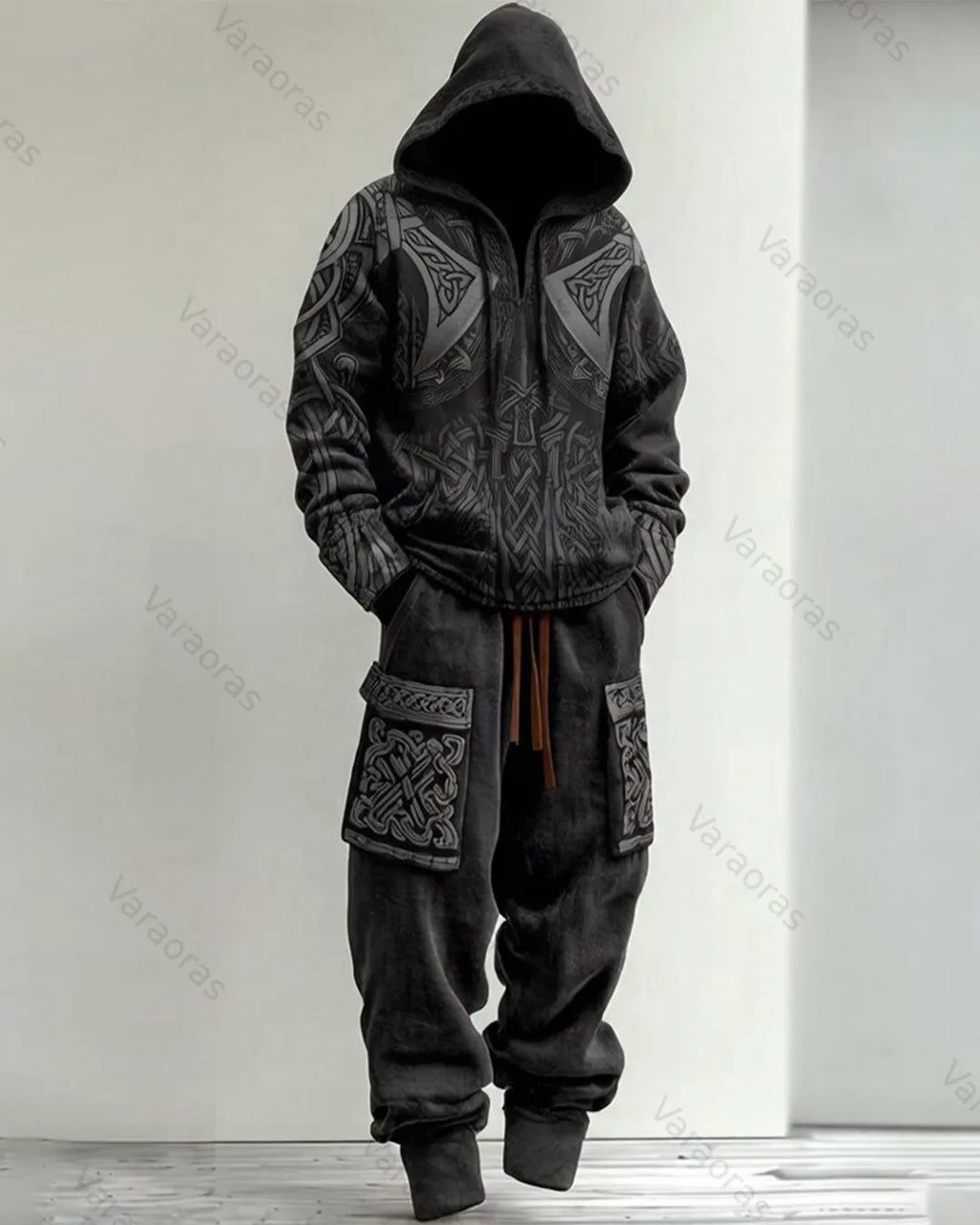 Men's Summer Fashion Viking Embroidered Short-Sleeve Hooded Top and Pants Two-Piece Set 7591