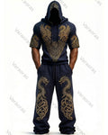 Men's Fashion Viking Contrast Color Embroidered Hoodie & Pants Two-Piece Set 6098