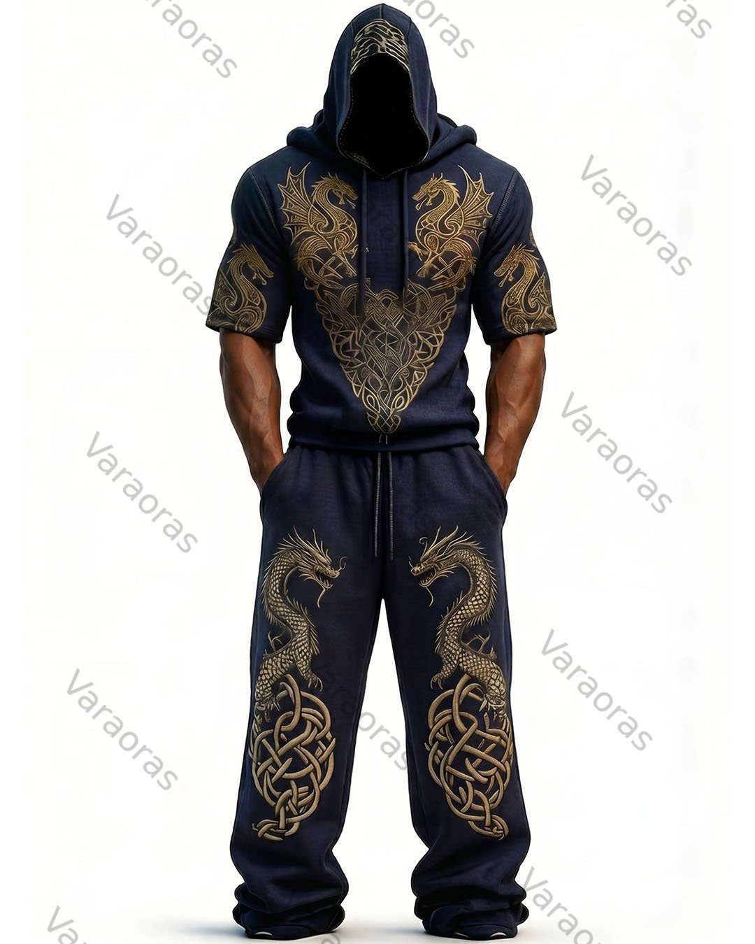 Men's Fashion Viking Contrast Color Embroidered Hoodie & Pants Two-Piece Set 6098
