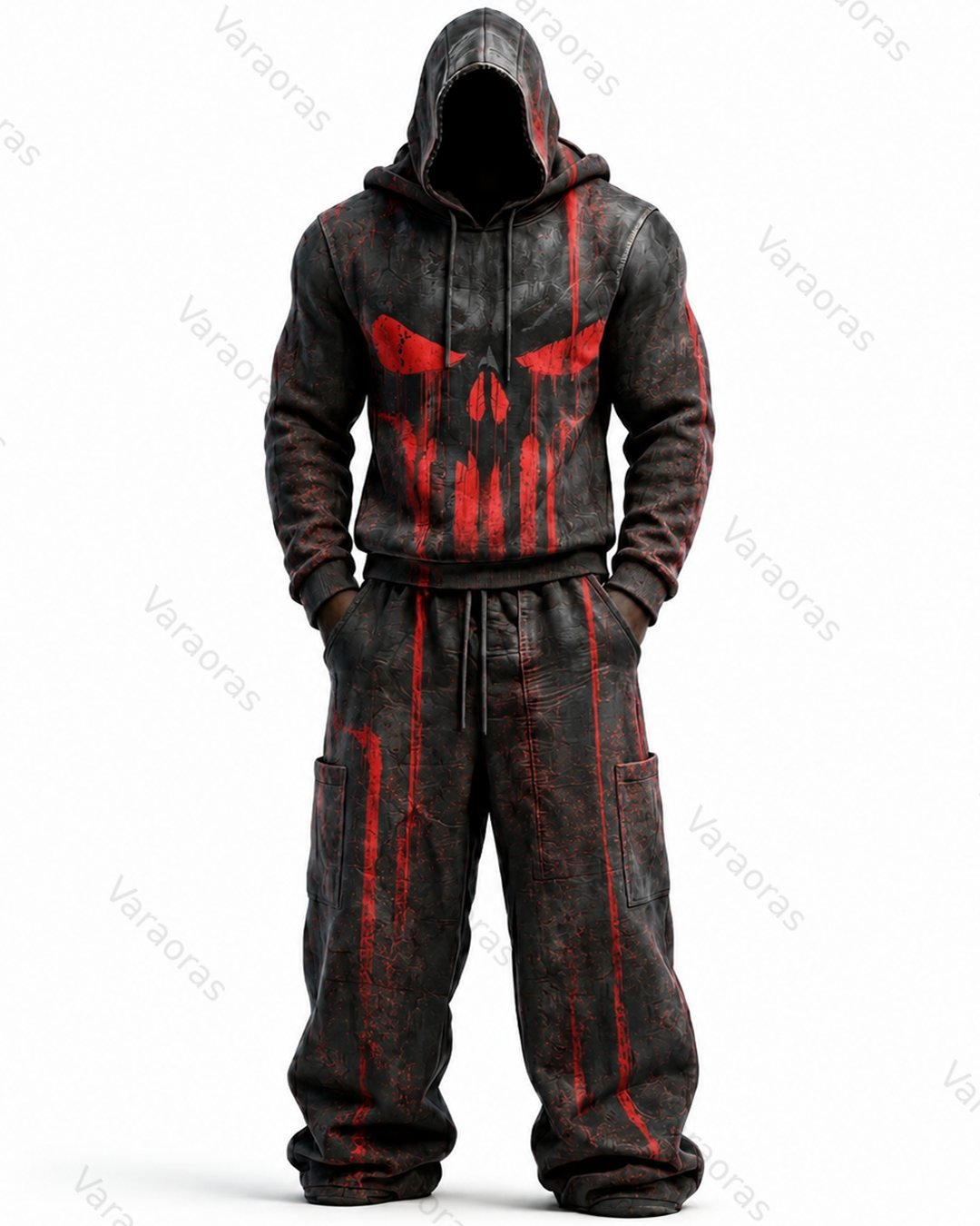 Men's Fashion Skull Contrast Color Embroidered Hoodie & Pants Two-Piece Set 3338