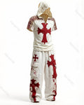Men's Summer Outdoor Fashion: Nordic Viking Style Embroidered Short-Sleeve Cotton-Linen Hoodie & Trousers Two-Piece Set 3368