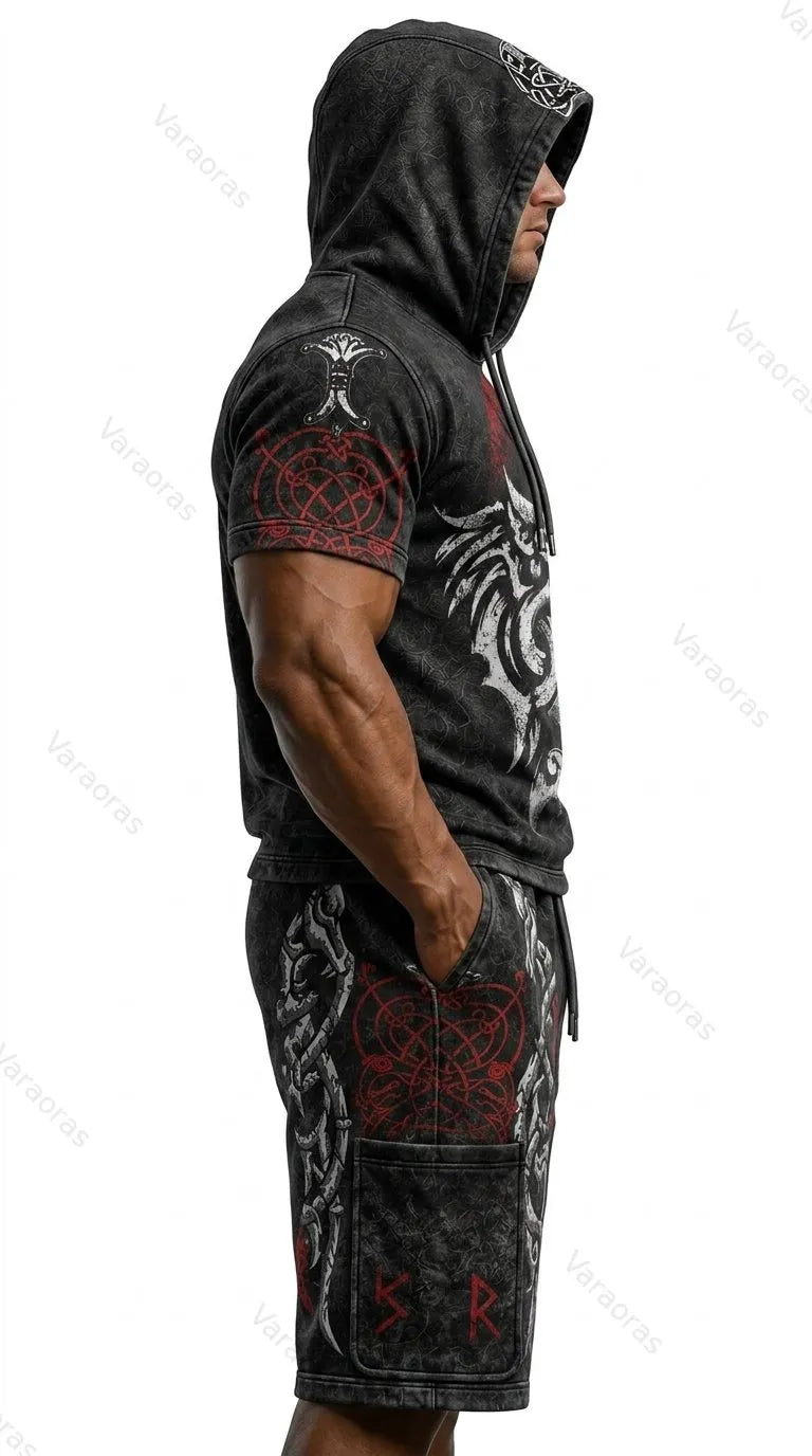 Men's Viking Color-Block Embroidered Hooded Short-Sleeved Top and Shorts Set 6796