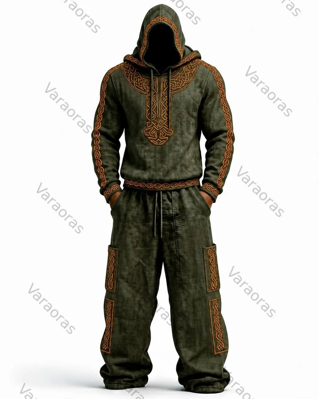 Men's Viking-Style Color-Blocked Knot Embroidered Hoodie and Pants Set 3931