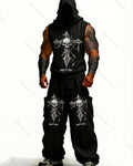Men's Fashion Cross Embroidered Hooded Sleeveless Top and Pants Two-Piece Set2662