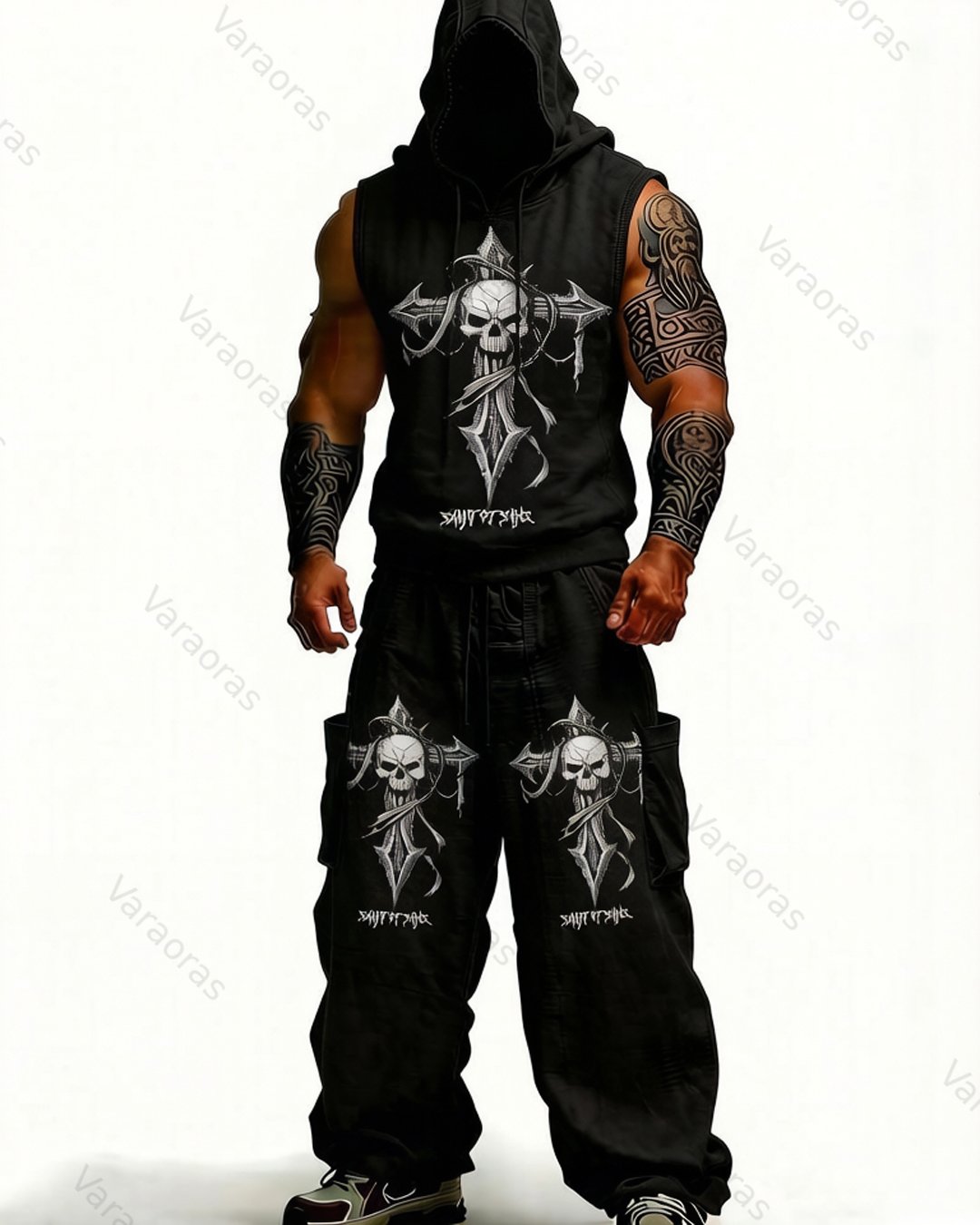 Men's Fashion Cross Embroidered Hooded Sleeveless Top and Pants Two-Piece Set2662