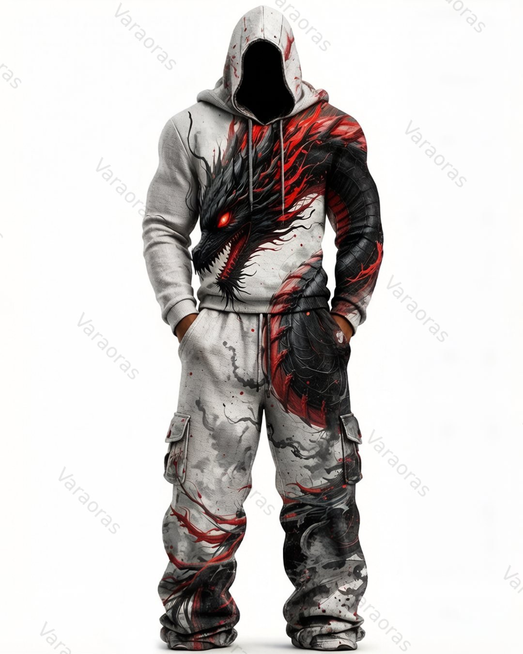 Men's Fashion Viking Contrast Color Embroidered Hoodie & Pants Two-Piece Set 7577