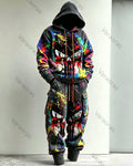 Men's Fashion Colorful Graffiti Skull Embroidered Hoodie & Pants Two-Piece Set 3517